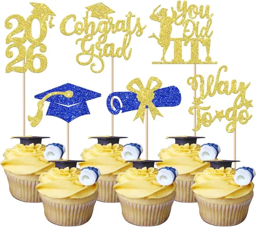 Vista 25 de Paquete de 24 adornos para cupcakes de clase de 2026 con purpurina 2026 para diploma de graduación 2026, selecciones para cupcakes para graduación