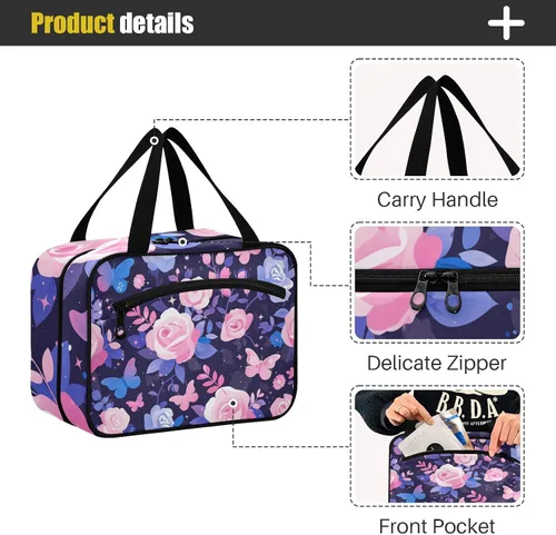 Vista 4 de Purple Peach Elegant Blooms bolsas de aseo de viaje colgantes para mujeres con gancho, bolso esencial de diseñador para el cuidado de la piel