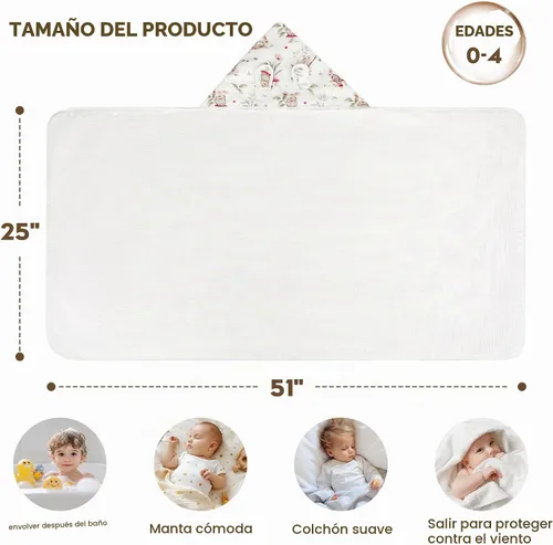 Vista 2 de Toalla de baño con capucha para niños pequeños, toalla suave de muselina de algodón orgánico de 6 capas para bebés y niños pequeños, 25 x 51