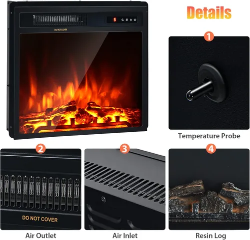 Vista 7 de Tangkula - Chimenea eléctrica empotrada de 18 pulgadas, calentador de chimenea independiente de 1500 W con efecto de llama ajustable y temperatura
