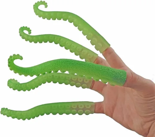 Vista 2 de Archie McPhee Juego de cinco títeres de tentáculo de dedo verde que brillan en la oscuridad