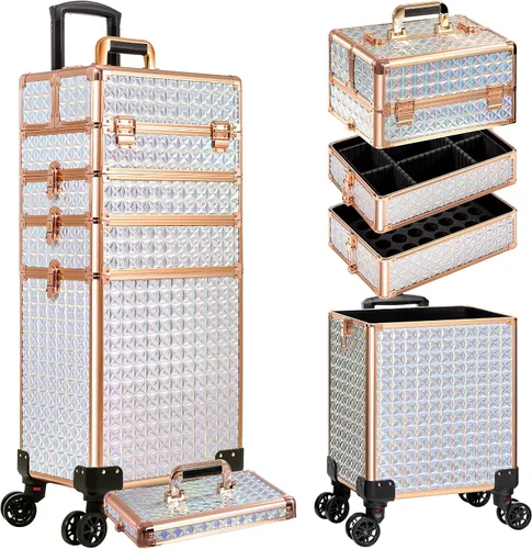 Vista 11 de AROUS Estuche de maquillaje rodante 5 en 1, estuche de cosmetología con ruedas, gran organizador cosmético, carro de viaje para estilista, artista