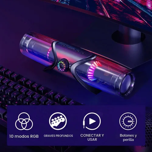 Vista 4 de WolfLawS Altavoces de Computadora, Barra de Sonido Bluetooth, Altavoces de Computadora para Monitor de Escritorio con Luz RGB, Altavoces de PC