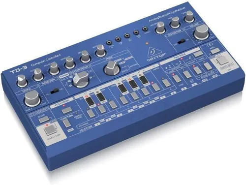 Vista 2 de Behringer Sintetizador de línea de graves analógico TD-3-BU con VCO, VCF, secuenciador de 16 pasos, efectos de distorsión y cadena de polietileno