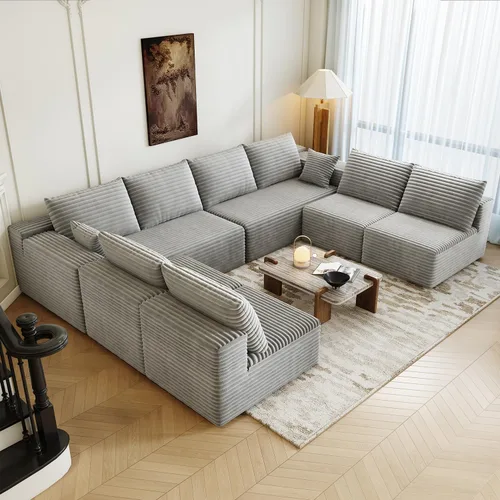 Vista 17 de Sofá modular modular de 139.4 pulgadas, sofás minimalistas en forma de L con diván de asiento medio, moderno sofá convertible de asiento profundo