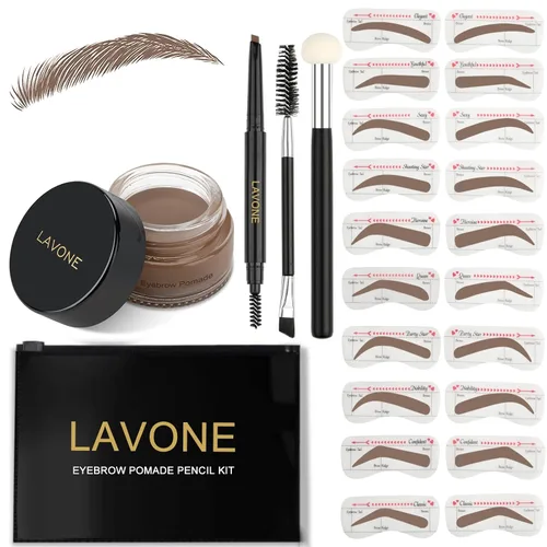 Vista 34 de LAVONE Kit de plantillas para cejas, trío de sellos para cejas con lápiz impermeable, pomada, 20 plantillas, cepillo de doble punta y aplicador