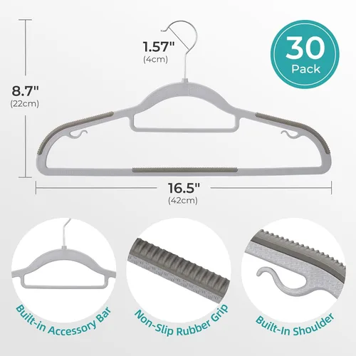 Vista 2 de HOUSE DAY - Perchas de plástico de calidad, paquete de 30 unidades, perchas antideslizantes de plástico gris, perchas ultra delgadas con gancho Gris