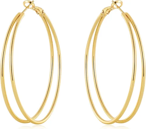 Vista 10 de Pendientes de aro dobles para mujer de moda con poste de plata de Dorado