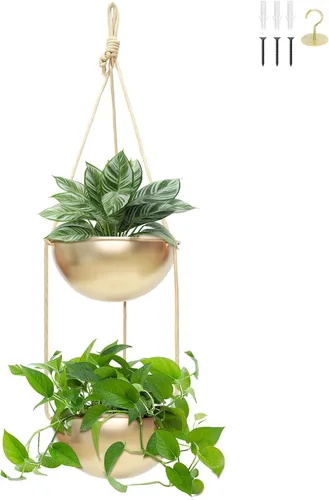Vista 11 de AceList Paquete de 2 macetas colgantes doradas para plantas de interior, colgador de plantas de metal bohemio de 9.8 pulgadas para interiores
