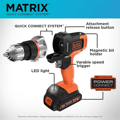 Vista 4 de BLACK+DECKER MATRIX - Kit de herramientas eléctricas de 20 V MAX, incluye taladro inalámbrico, 12 accesorios y estuche de almacenamiento