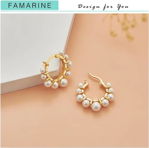 Vista 4 de FAMARINE Aretes de aro de perlas para mujer, aros de perlas ligeros para niñas
