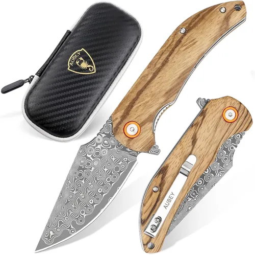 Vista 10 de Cuchillo de bolsillo AUBEY de Damasco, hoja de acero de Damasco de 3.34" con molino hueco, cuchillo plegable con rodamiento de bola, mango