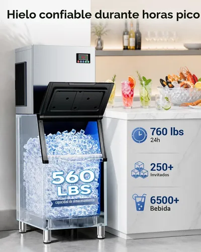 Vista 2 de Máquina de hielo comercial, 760 libras/24 horas con contenedor de Gris