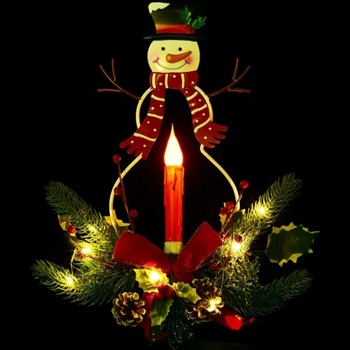 Vista 6 de Juego de 2 luces solares de Navidad para exteriores en liquidación, vela LED, muñeco de nieve con piñas de pino sintéticas, detalles de follaje