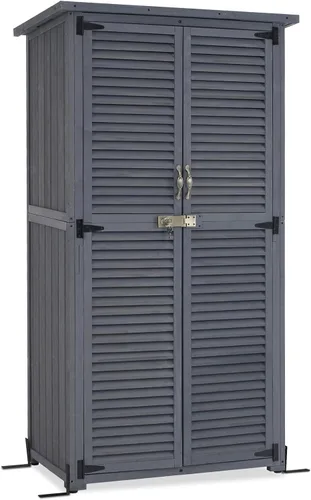 Vista 8 de MCombo Gabinete de Almacenamiento Exterior, Cobertizo de Almacenamiento de Madera con Pestillo, Cobertizo de Herramientas de Jardín Exterior con 2
