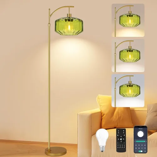 Vista 12 de Lámparas de pie doradas para sala de estar, dormitorio, lámpara de pie de cristal con control remoto y pantalla rosa, lámpara de pie regulable