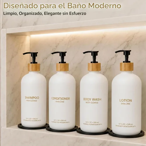 Vista 5 de TBWIND Juego de 4 dispensadores de champú y acondicionador de vidrio blanco