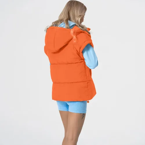 Vista 12 de Shiyifa Chaleco acolchado para mujer, chaqueta de gran tamaño, sin mangas, ligera, con cremallera, con capucha desmontable