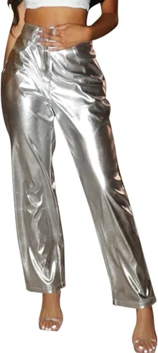Vista 2 de uhnmki Pantalones plateados metálicos de pierna recta pantalones para mujer cintura alta brillante cintura elástica ropa de calle ropa de club
