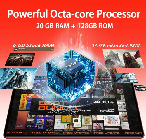Vista 3 de Tablet Android 15 con teclado y ratón, 20 GB de RAM + 128 GB de ROM (expandir a 1 TB), tabletas Octa-Core de 10.1 pulgadas con WiFi 6, cámara dual