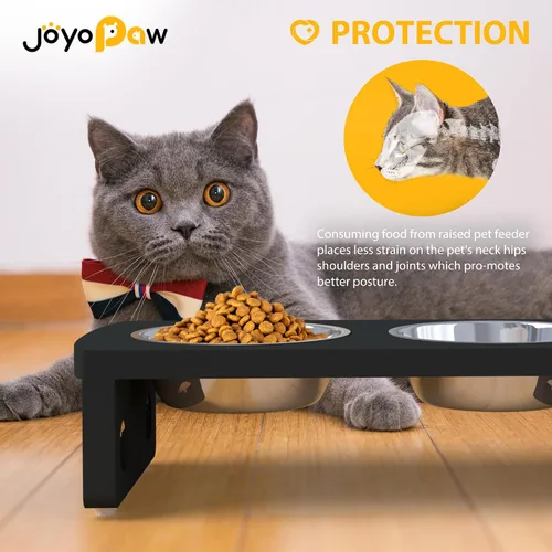 Vista 5 de Cuencos elevados para perros, cuenco elevado de bambú para perros y gatos pequeños, con 2 cuencos de acero inoxidable