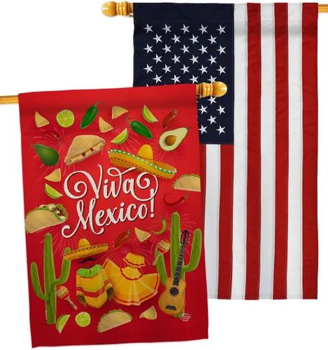 Vista 5 de Viva - Banderas de casa de México, paquete de 2 unidades, para fiesta de verano, cactus, piñata, sombrero, fiesta mexicana, para exteriores