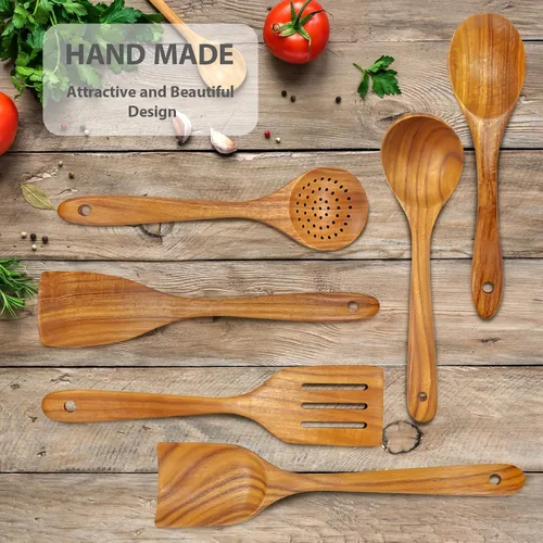 Vista 6 de Juego de utensilios de madera de teca de 6 piezas, cucharas de madera de agarre cómodo para cocinar, juego de utensilios de cocina de madera