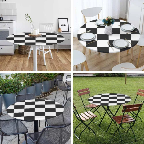 Vista 5 de Mantel de ajedrez blanco y negro con cuadrículas redondas, planos, abstracto, impermeable, lavable, para mesa de comedor ajustable de 40 a 44