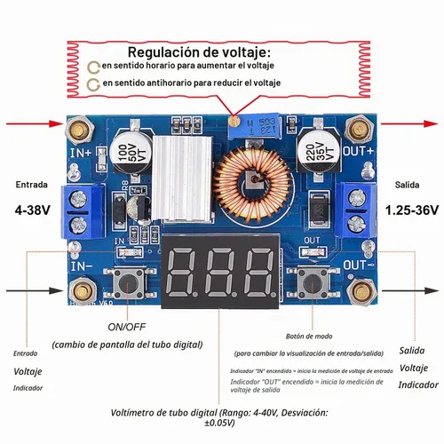 Vista 4 de [Paquete de 2] Convertidor DC-DC 5A Buck 4-38V a 1.25-36V Regulador de voltaje reductor Módulo de alta potencia con pantalla LED