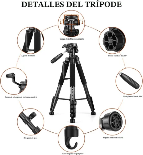 Vista 7 de JOILCAN Trípodes para cámara, trípode de 74 pulgadas para grabación de video, cámaras de alta resistencia, trípode DSLR de viaje profesional, Negro