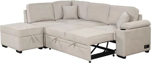 Vista 7 de Sofá modular modular de 87.4 pulgadas para sala de estar, sofá cama convertible en forma de L, sofá cama extraíble 2 en 1 con puertos de carga USB