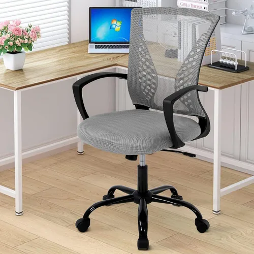 Vista 10 de Silla de oficina, silla de escritorio giratoria con respaldo medio con reposabrazos, soporte lumbar de malla, silla de computadora, altura