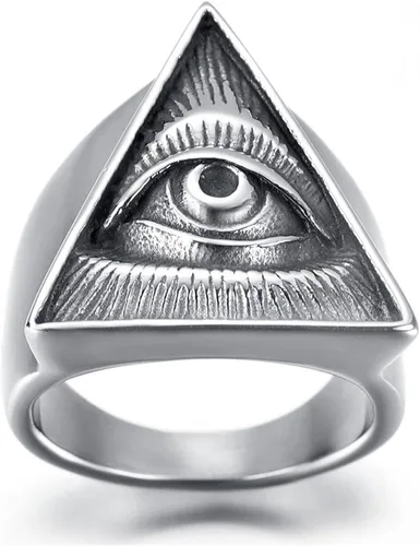 Vista 2 de Anillo de plata con ojos completos de triángulo de pirámide para hombre, anillo de bicicleta gótica de acero inoxidable, Acero inoxidable, plata