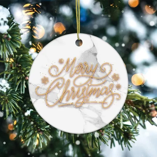 Vista 2 de Adorno de Navidad de cerámica de mármol impreso de dos lados, novedad para familiares, amigos, niños, colgantes de recuerdo de Navidad de mármol
