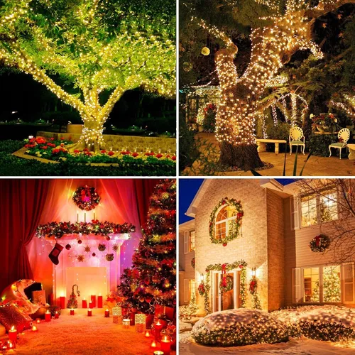 Vista 6 de Luces solares de Navidad para exteriores, 115 pies, 300 LED, 8 modos, impermeables, luces de patio para árbol de Navidad, patio, jardín, decoración