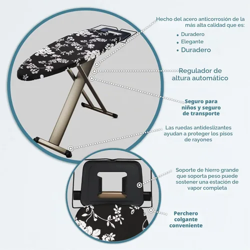 Vista 6 de Bartnelli Pro Luxury - Tabla de planchar extra ancha de 51x19 pulgadas con soporte para plancha de vapor resistente, ruedas para fácil