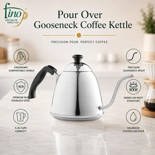 Vista 2 de Fino Hervidor de café con cuello de cisne, acero inoxidable 18/8, 6 tazas, capacidad de 1 L
