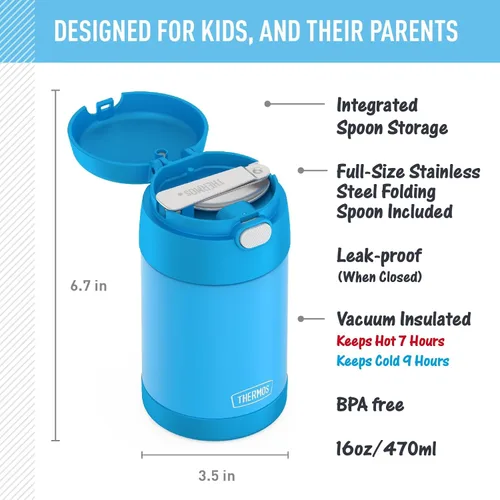 Vista 2 de THERMOS Funtainer - Tarro de alimentos aislado de 16 onzas, tarro de comida para niños con cuchara plegable, azul denim