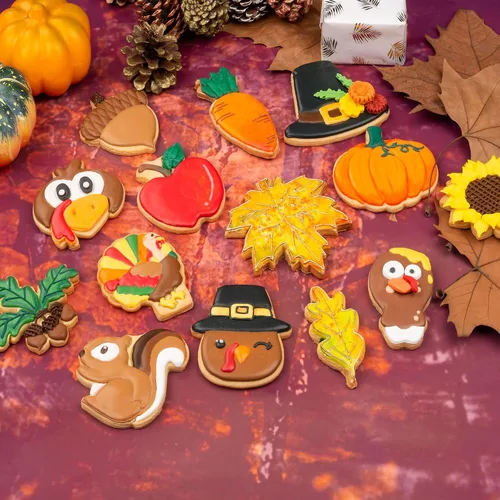 Vista 5 de Cortadores de galletas de otoño de Acción de Gracias, formas de bellotas y hojas con sellos de émbolo, accesorios de horneado de ácido poliláctico