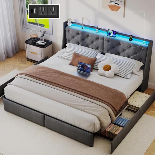Vista 11 de SADENICEL Full Size Bed Frame with 4 Storage Drawer, Full Bed Frame, Grey