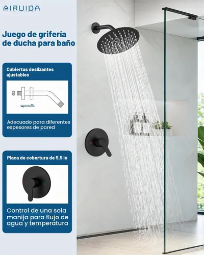Vista 2 de Airuida Juego de grifo de ducha negro mate de 8 pulgadas, kit de válvula