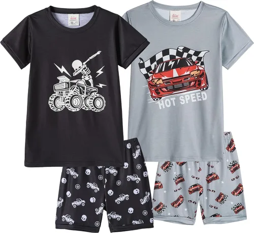 Vista 10 de MyFav - Pijamas para niños grandes de 2 piezas, pantalones cortos, lindos dibujos animados, ropa de dormir 4 piezas Alien