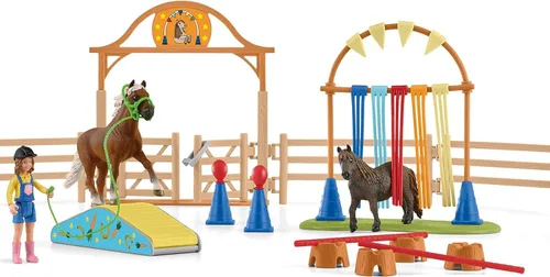 Vista 8 de Schleich Farm World - Juego de entrenamiento de agilidad de poni con caballo, entrenador y accesorios, juego de 41 piezas de poni, entrenador