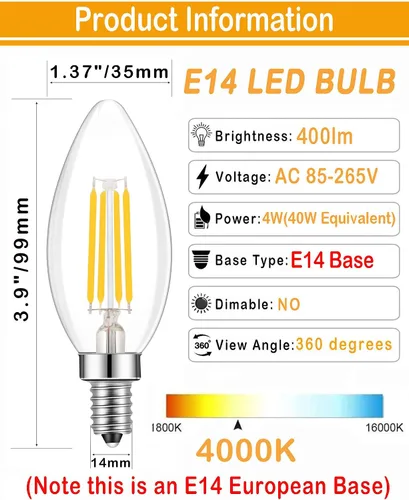 Vista 2 de Bombilla LED con forma de vela de filamento E14, bombilla de base europea E14, blanco neutro 4000 K, equivalente a 4000 lúmenes, 40 W
