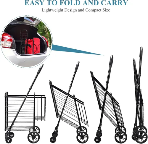 Vista 7 de IRONMAX - Carrito de compras plegable, resistente, con mango ajustable, cesta extra y ruedas giratorias de 360°, carrito ligero para compras, Negro