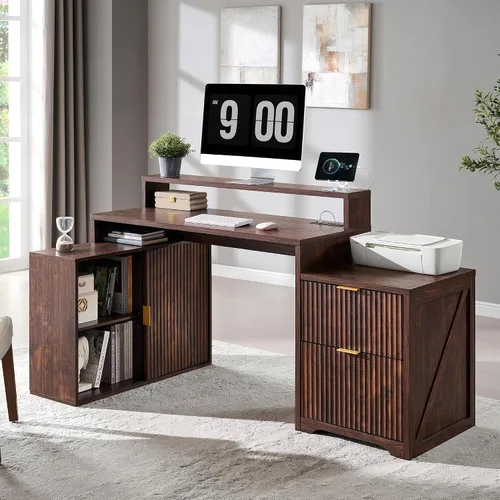 Vista 9 de JXQTLINGMU Escritorio ejecutivo moderno de 58 pulgadas con almacenamiento, escritorio de madera para oficina en casa con 5 cajones y 1 gabinete