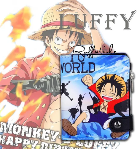 Vista 6 de Cartera corta de piel sintética de viaje con bolsillo para monedas con cremallera, Luffy B, Casual