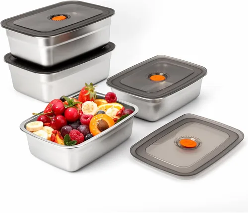 Vista 14 de 4 recipientes de almacenamiento de alimentos de acero inoxidable (50 onzas + 20 onzas) con tapas, a prueba de fugas y herméticos, recipientes