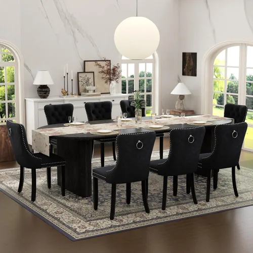 Vista 41 de Juego de mesa de comedor ovalada extensible con 4 sillas tapizadas de terciopelo de alta gama, mesa de cocina de 59 a 91 pulgadas y sillas