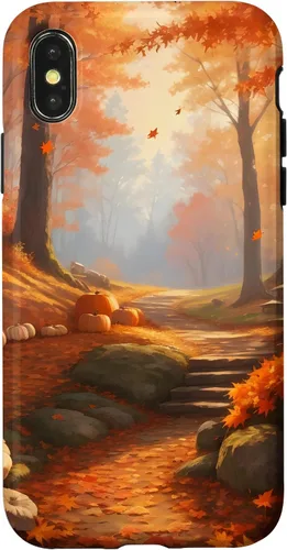 Vista 5 de iPhone 13 Pro Max Idílica escena del bosque de otoño, hojas de otoño, funda de calabazas